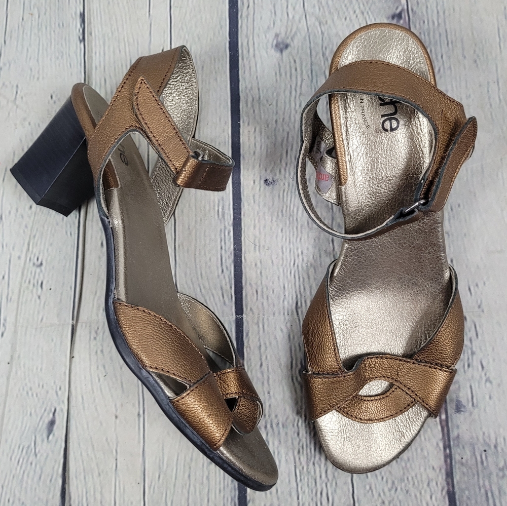 ARCHE | metallic leather open toe strappy heeled sandals